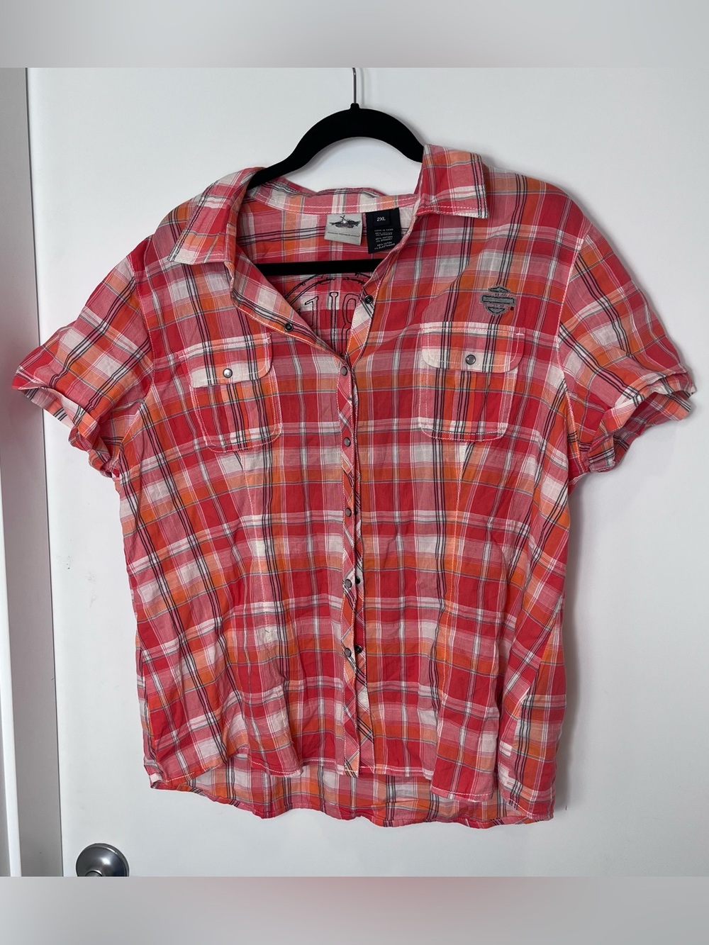Harley Davidson Motor Cycle Plaid Short Sleeve Pearl Snap Button Hiking Shirt 2X